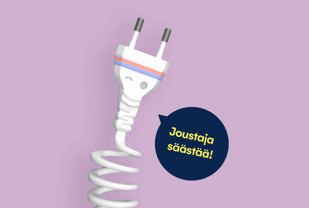 3D-piirroskuva silmää iskevästä pistokkeesta, jonka johto on vieterillä. Pistokkeen vieressä on puhekupla, jossa lukee "Joustaja säästää".