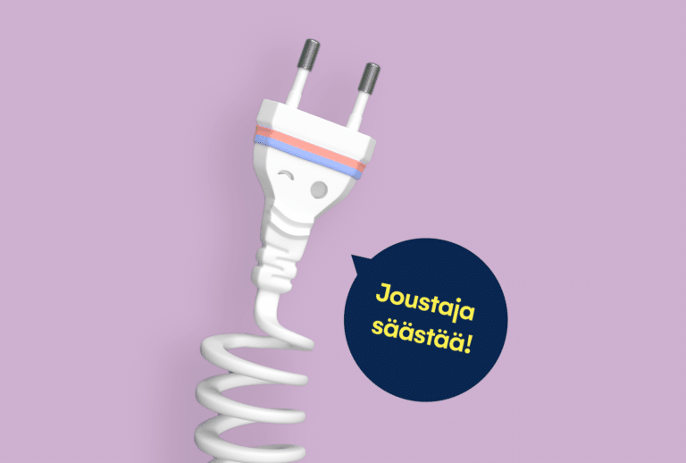 3D-piirroskuva silmää iskevästä pistokkeesta, jonka johto on vieterillä. Pistokkeen vieressä on puhekupla, jossa lukee "Joustaja säästää".