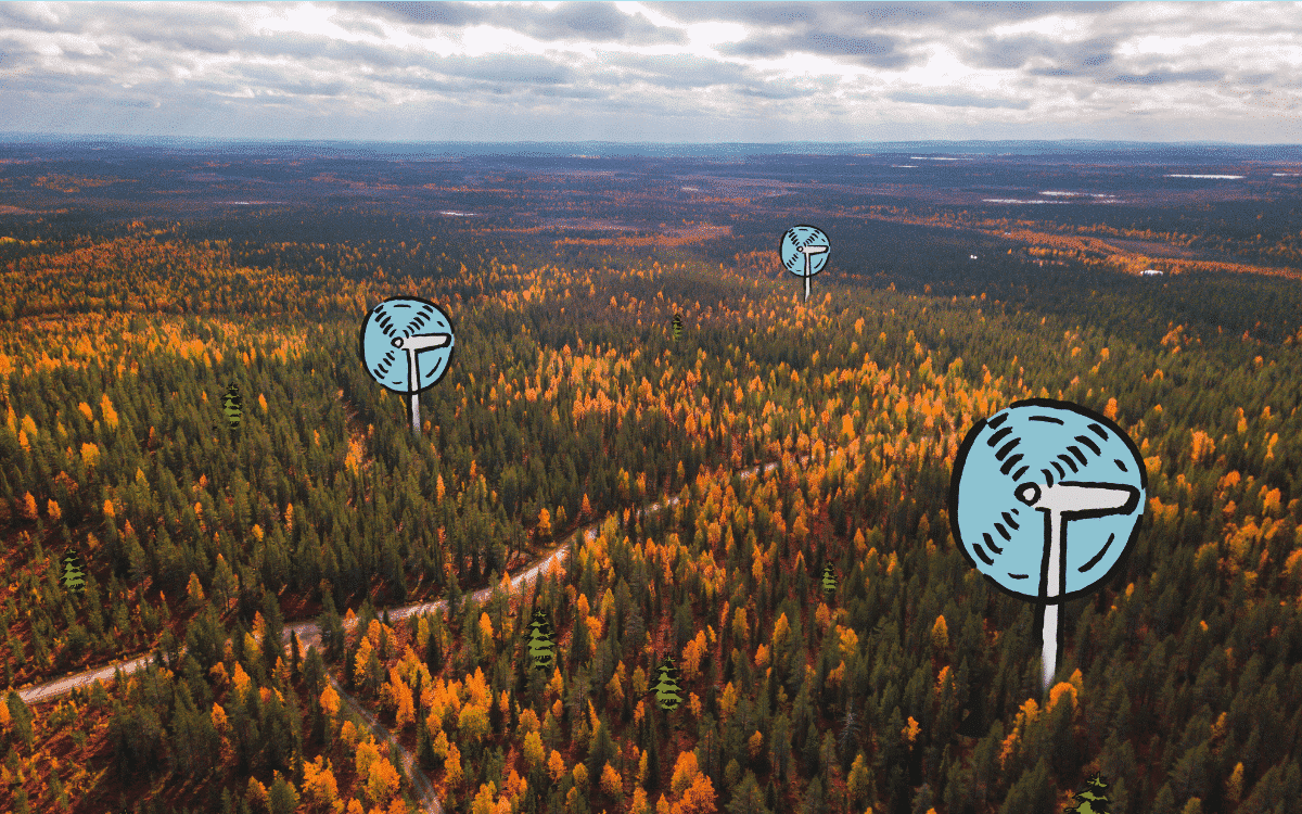 Ilmakuva syksyisestä metsästä. Kuvassa mukana piirrettyjä tuulivoimaloita.